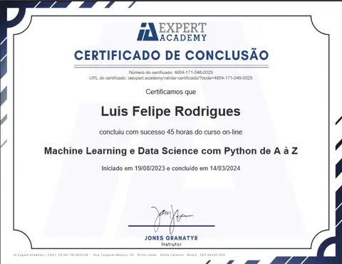 Certificado: Machine Learning e Data Science