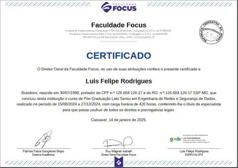 Certificado: Engenharia de Redes e Segurança de Dados