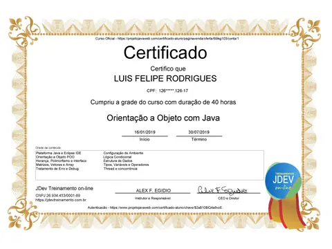 Certificado: Orientação a Objetos