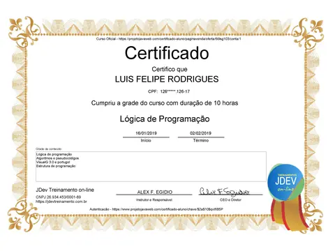 Certificado: Lógica de Programação com Java